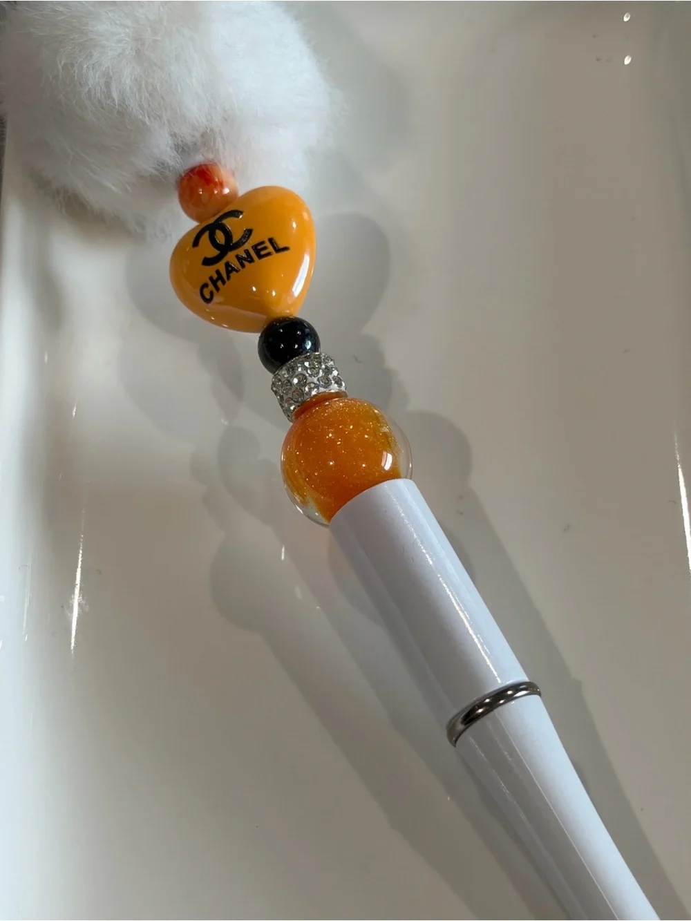 LUXURY INSPIRED White Pen with Orange Heart Charm and Gold Sparkle Bead